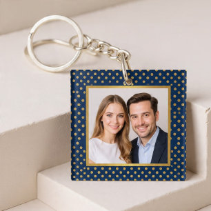 Classic Navy & Gold Polka Dot Frame Photo Key Ring
