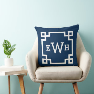 Classic Navy Greek Key Monogram Initial Cushion