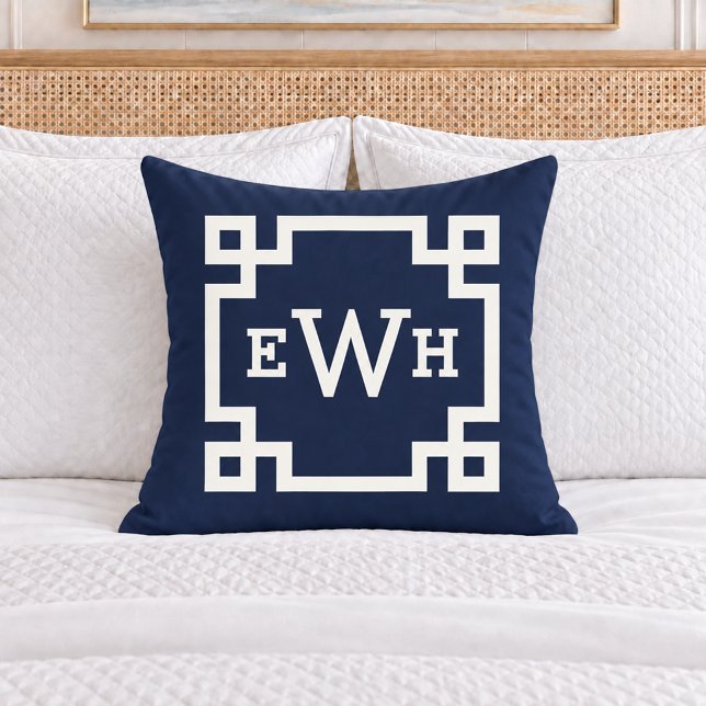 Classic Navy Greek Key Monogram Initial Cushion (Creator Uploaded)