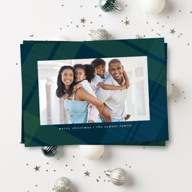 Classic navy green plaid simple Christmas photo Holiday Card (Creator Uploaded)