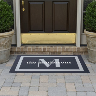 Classic Navy & Grey Family Name & Monogram Doormat
