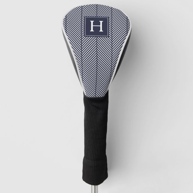  Classic Navy Herringbone Pattern Monogrammed Golf Head Cover (Front)
