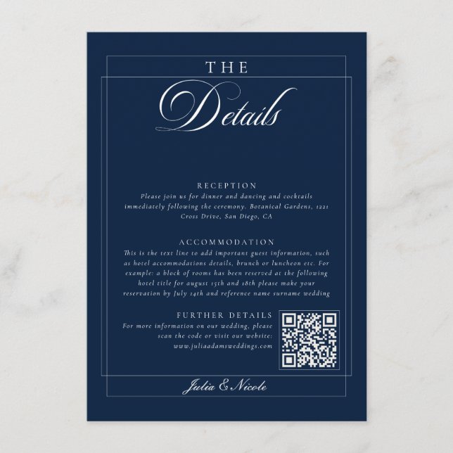 Classic Navy Ivory Calligraphy QR Code Details Enclosure Card (Front)