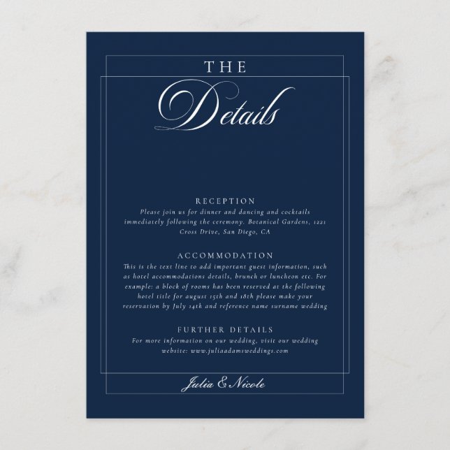 Classic Navy Ivory Calligraphy Wedding Details Enclosure Card (Front)