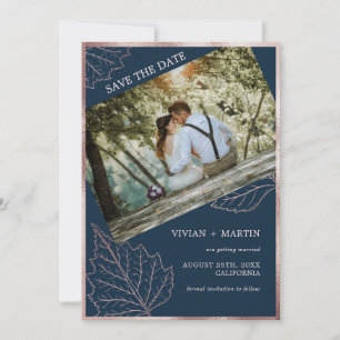 Classic Navy Matt Rose Gold Leaves Wedding Save The Date
