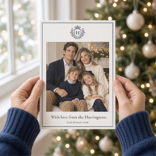 Classic Navy Monogram Crest Family Christmas Photo Holiday Card