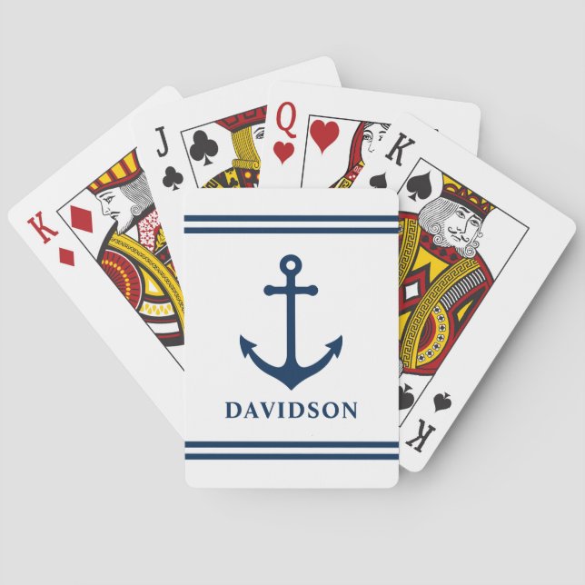 Classic Navy Nautical Anchor Surname Monogram Playing Cards (Back)