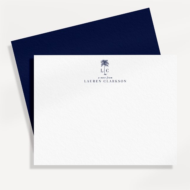 Classic Navy Palm Tree Monogram Note Card (Creator Uploaded)