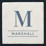 Classic Navy Personalised Family Monogram Initial Stone Coaster<br><div class="desc">Classic and modern personalised beverage drink coaster design features an masculine yet elegant custom serif monogram initial along with your family's last name accented with simple horizontal stripes against a white marble patterned background. Navy blue text and design colours can be modified to perfectly coordinate with your home decor.</div>