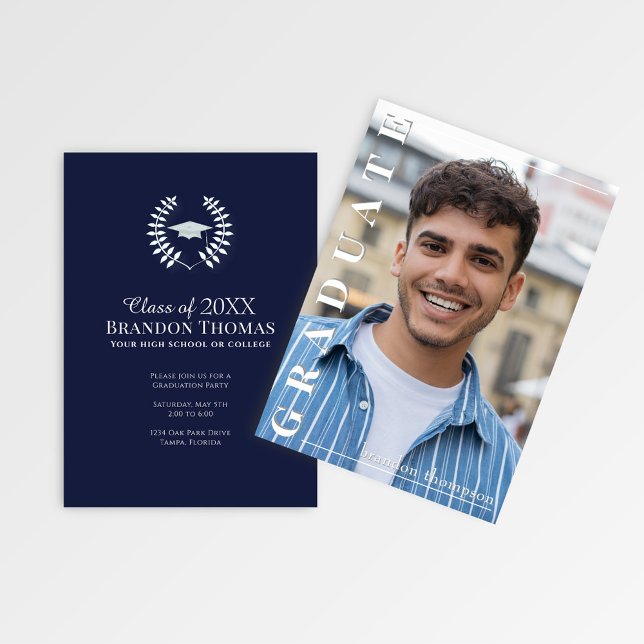 Classic Navy Photo Graduation Announcement (Classic navy graduation card with vertical photo and modern typography)