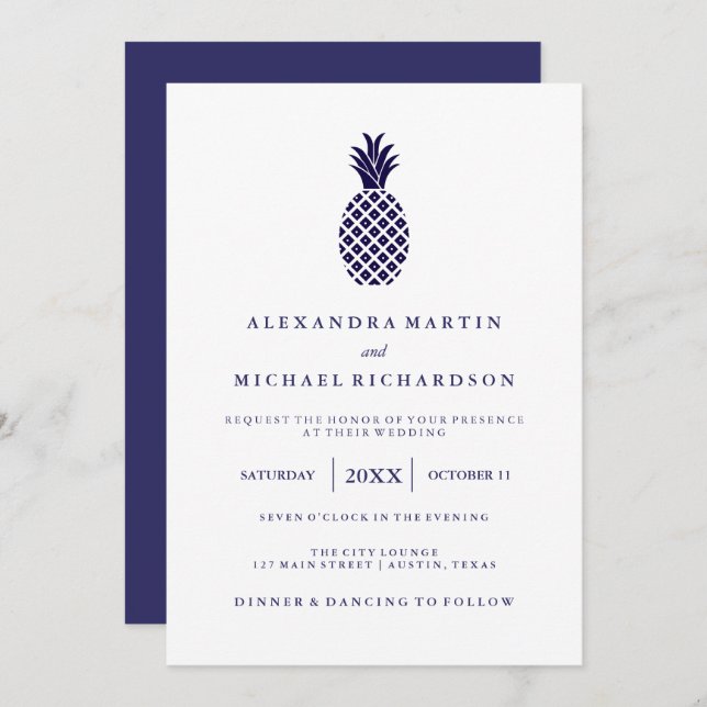 Classic Navy Pineapple Wedding Invitation (Front/Back)