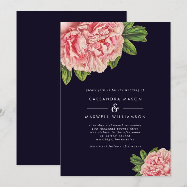 Classic Navy & Pink Peony Wedding Invitation (Front/Back)