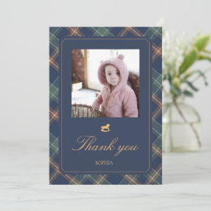 Classic Navy Plaid Teddy Bear Girl Birthday Photo Thank You Card