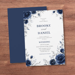 Classic Navy Rose Silver Frame Wedding Invitation