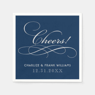 Classic Navy Silver Cheers Calligraphy Wedding Napkin