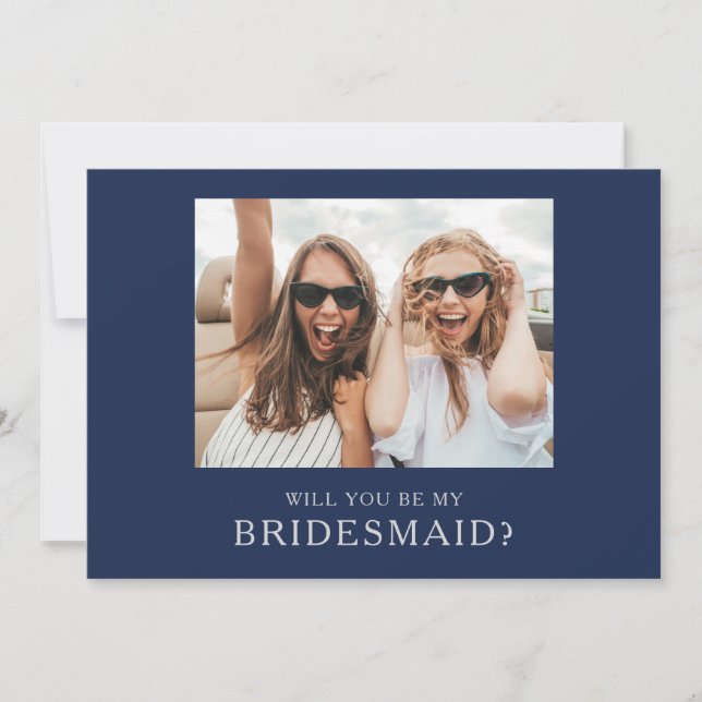Classic Navy Silver Photo Bridesmaid Proposal Card (Front)