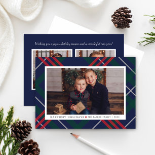 Classic Navy Tartan Plaid Photo Collage Holiday Card