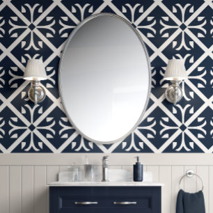 Classic Navy Tiles - Navy and White - Traditional Wallpaper