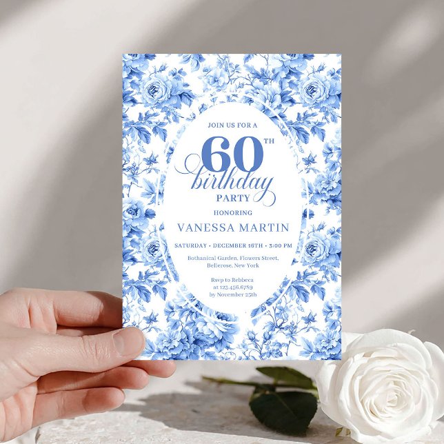 Classic Navy Toile Roses 60th Birthday Invite  (Classic Navy Toile Roses 60th Birthday Invite Print

)