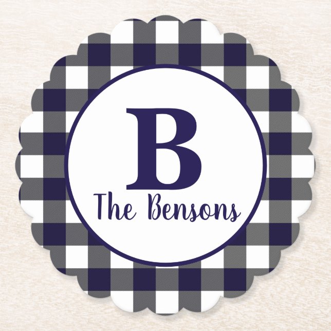 Classic Navy White Monogram Buffalo Plaid Paper Coaster (Front)