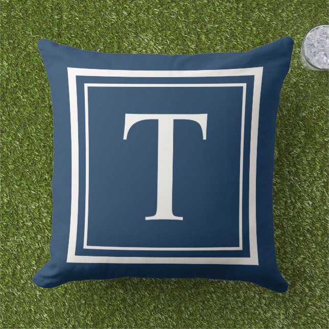 Classic Navy White Square Frame Monogram Cushion (Grass)