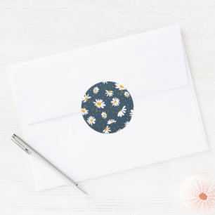 Classic Navy Yellow White Daisy Floral Pattern Round Sticker