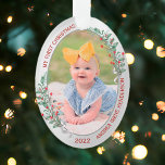 Classic Newborn 1st Christmas Plants Silver Frame  Ornament<br><div class="desc">The ornament in oval shape has a classic silver frame adorned with Christmas plants and ribbon to display your own special memory of your new baby. The bright and shiny silver border encircles your photos. The holly, greenery and silk ribbon complete the whole design with a joyful atmosphere of the...</div>