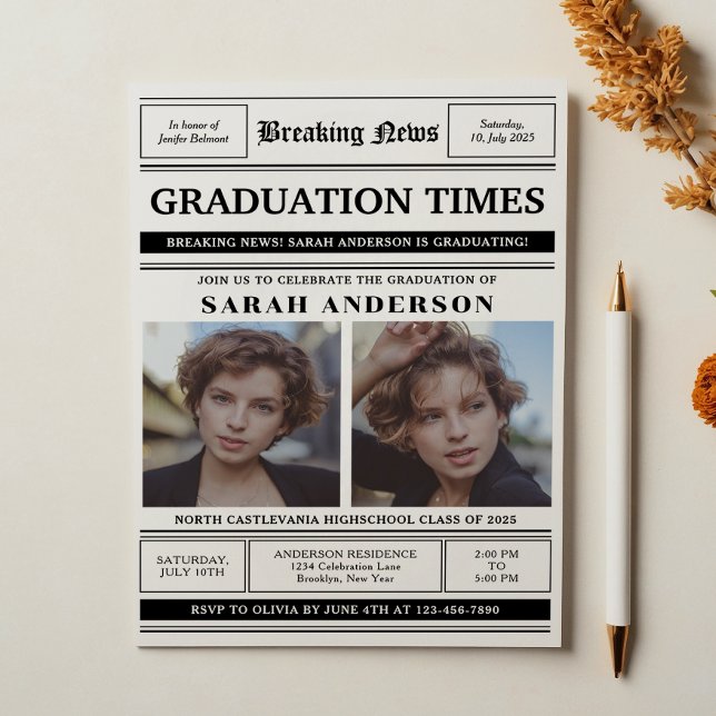 Classic Newspaper Style 2 Photo Graduation Party Invitation (Creator Uploaded)