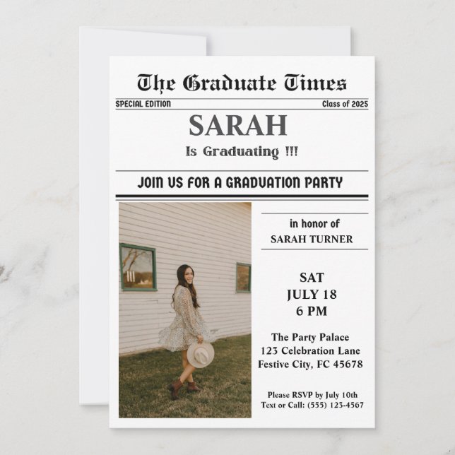 Classic Newspaper Style Front Page Graduation Invitation (Front)