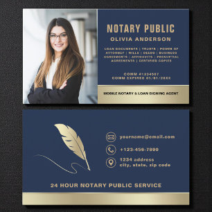 Classic Notary Public Navy Blue & Gold Photo Business Card