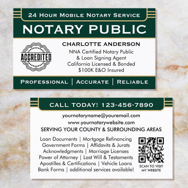 Classic Notary Signing Agent ID Logo Green Gold Business Card (Creator Uploaded)