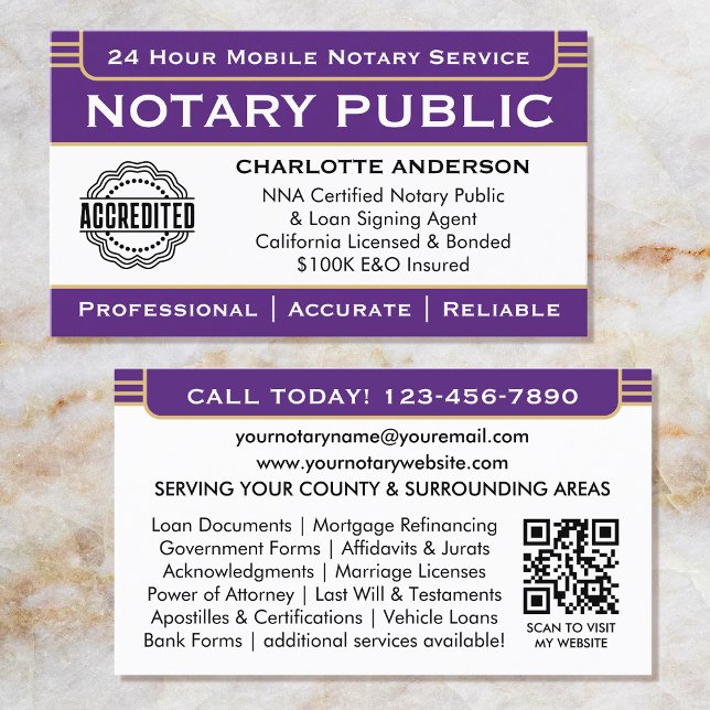 Classic Notary Signing Agent ID Logo Purple Gold Business Card (Creator Uploaded)