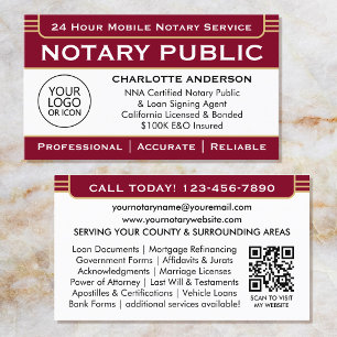 Classic Notary Signing Agent Logo Burgundy Gold Business Card