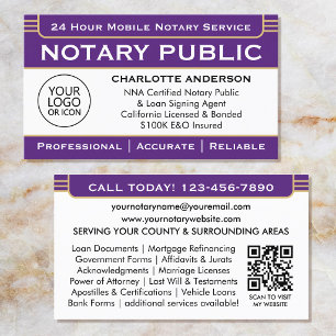 Classic Notary Signing Agent Logo Purple Gold Business Card