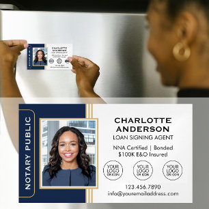 Classic Notary Signing Agent Photo Navy Gold Magnetic Business Card
