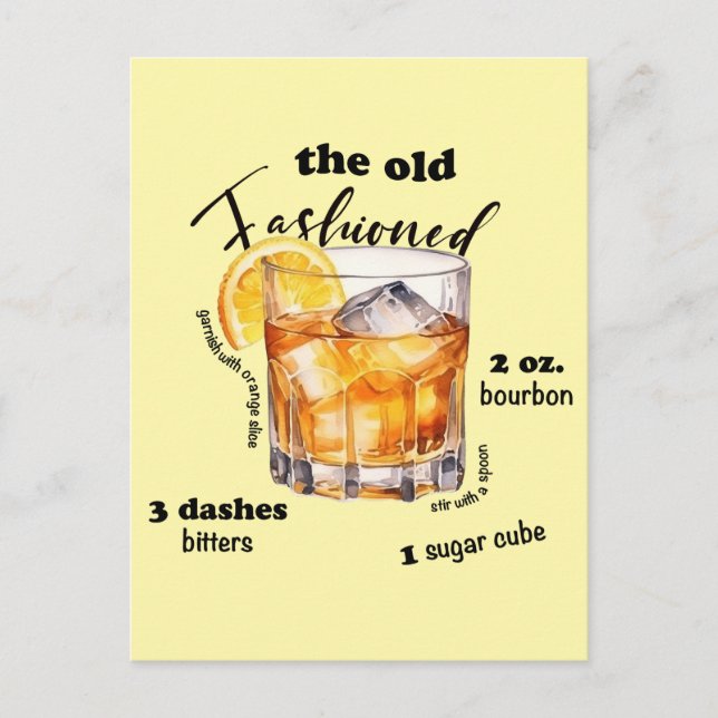 Classic Old Fashioned Recipe Cocktail Art Postcard (Front)