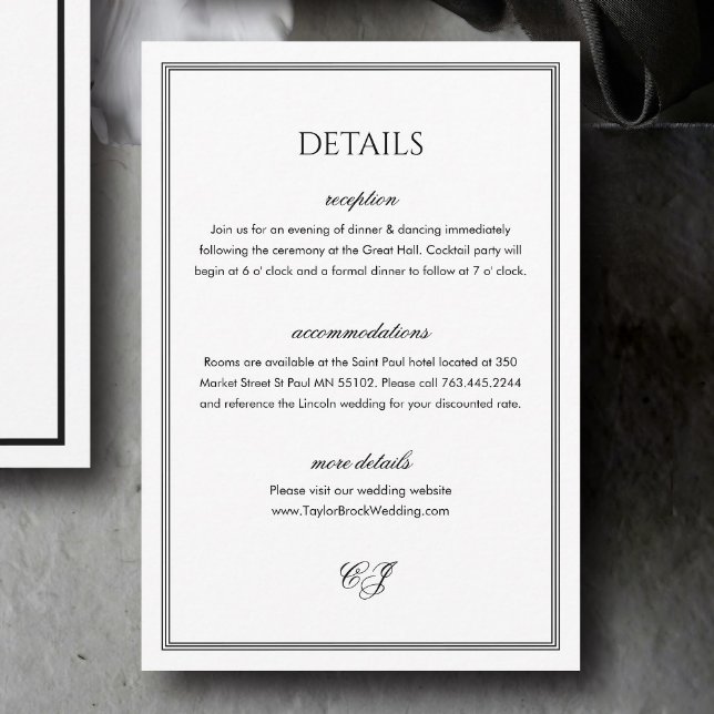 Classic Old Money Black and White Wedding Details Enclosure Card (Creator Uploaded)