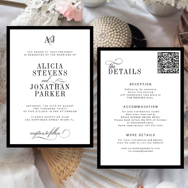 Classic old money black and white wedding invitation (Creator Uploaded)