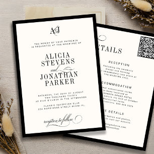 Classic old money black ivory wedding invitation