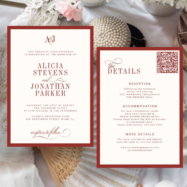 Classic old money red ivory wedding invitation (Creator Uploaded)