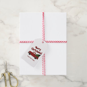 Classic old red truck with Christmas tree custom Gift Tags