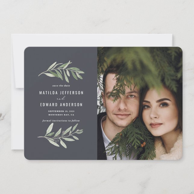 classic olive branch foliage photo sage wedding announcement (Front)