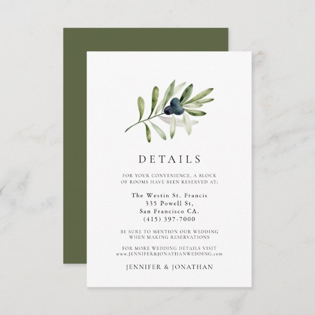 Classic Olive Branch Wedding Details Card (Front/Back)