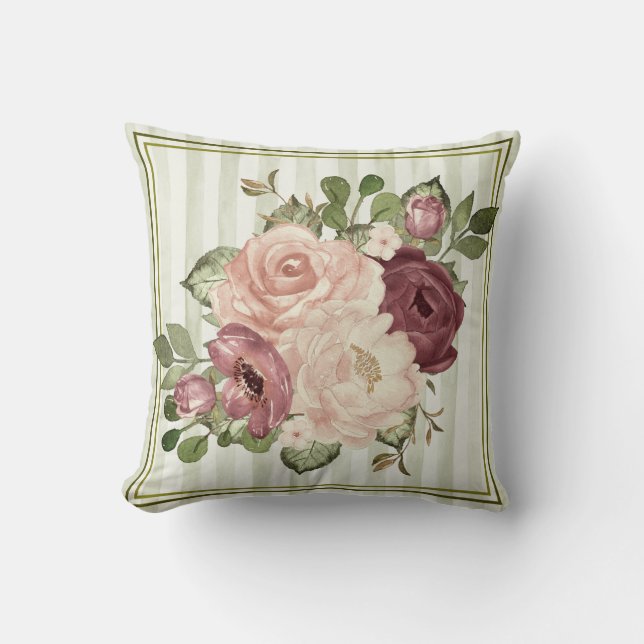 Classic Olive/Cream Stripes with Cabbage Roses  Cushion (Front)