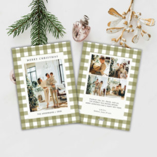 Classic Olive Gingham Plaid 5 Photo Christmas Holiday Card