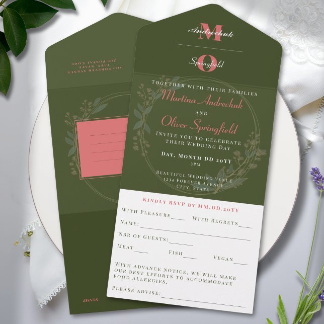 Classic Olive Green Blush Minimalist Wedding  All In One Invitation (Creator Uploaded)