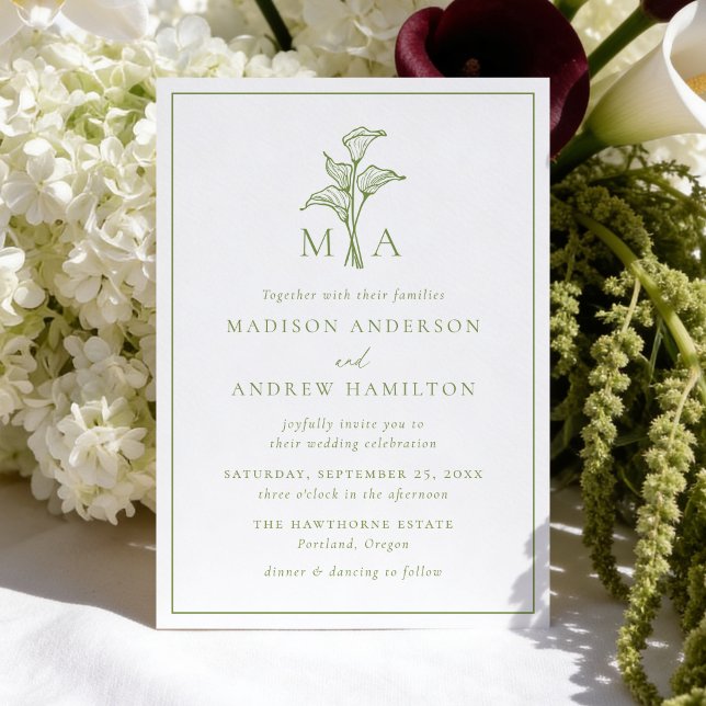 Classic Olive Green Calla Lily Monogram Wedding Invitation (Creator Uploaded)