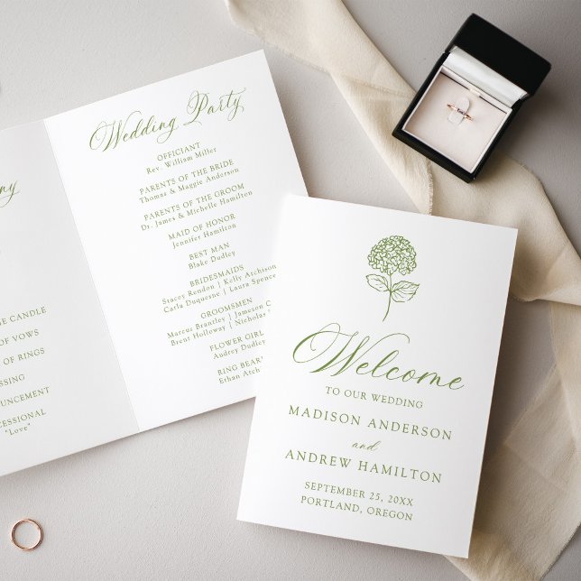Classic Olive Green Hydrangea Wedding Programme (Creator Uploaded)