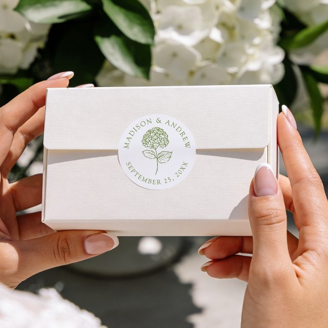 Classic Olive Green Hydrangea Wedding Round Sticker (Creator Uploaded)
