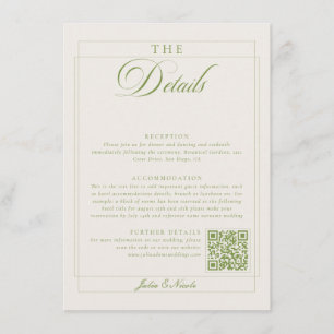 Classic Olive Green Ivory Calligraphy QR Details Enclosure Card